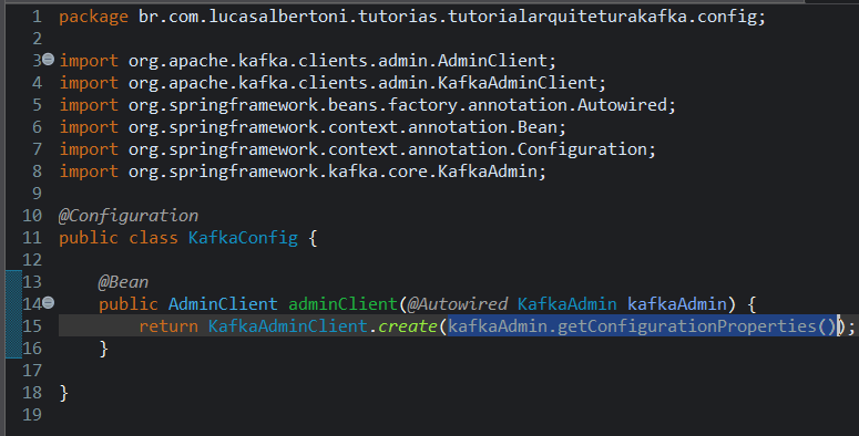 Print screen da tela do Eclipse exibindo a classe KafkaConfig