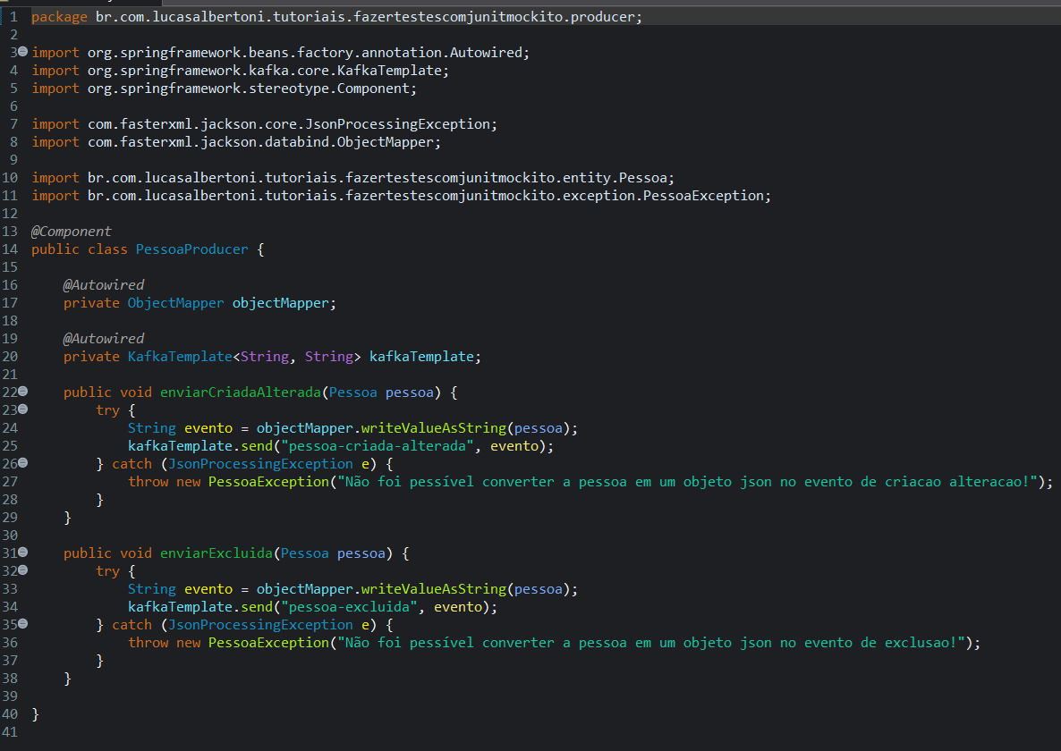 Print screen da tela do Eclipse exibindo a classe PessoaProducer