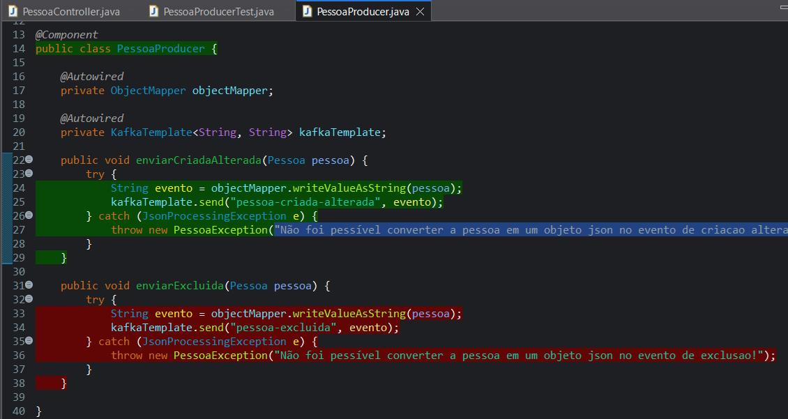 Print screen da tela do Eclipse exibindo a cobertura de testes para classe PessoaProducer