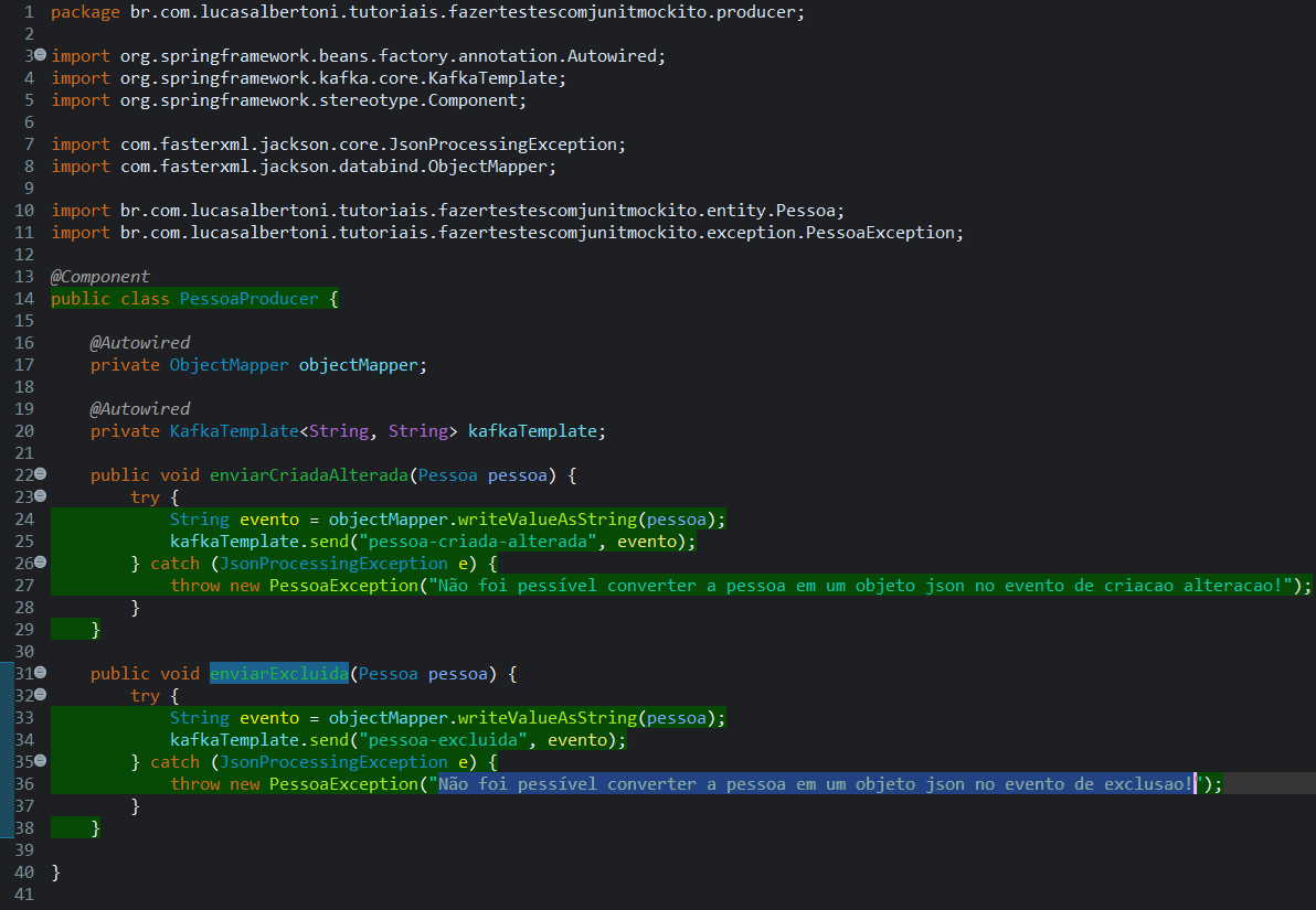 Print screen da tela do Eclipse exibindo a cobertura de testes para classe PessoaProducer