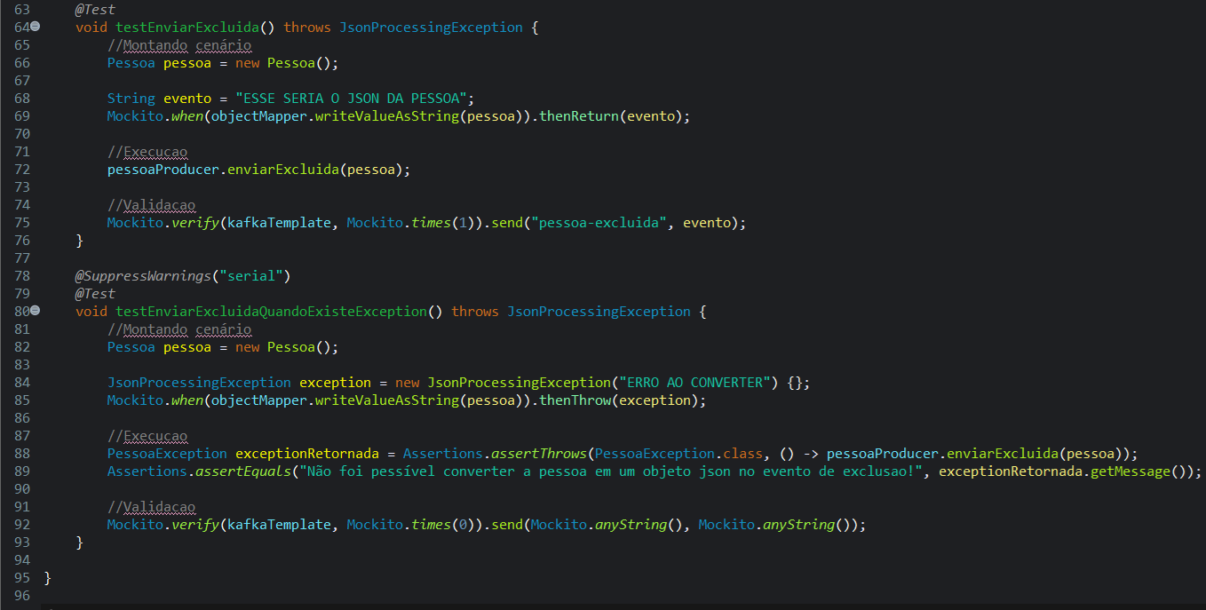 Print screen da tela do Eclipse exibindo testes para pessoa excluída