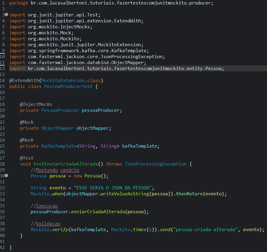 Print screen da tela do Eclipse exibindo a classe de test PessoaProducerTest com o método testEnviarCriadaAlterada criado