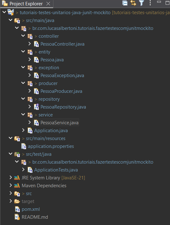 Print screen da tela do Eclipse exibindo a estrutura do projeto
