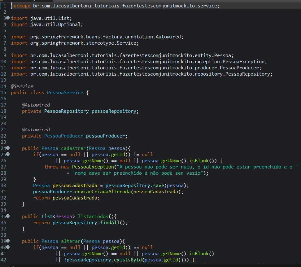 Print screen da tela do Eclipse exibindo a classe PessoaService 1