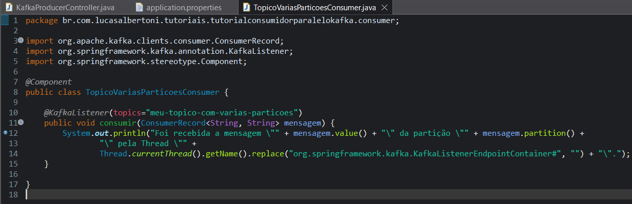 Print screen da tela do Eclipse exibindo a classe de consumidor do tópico