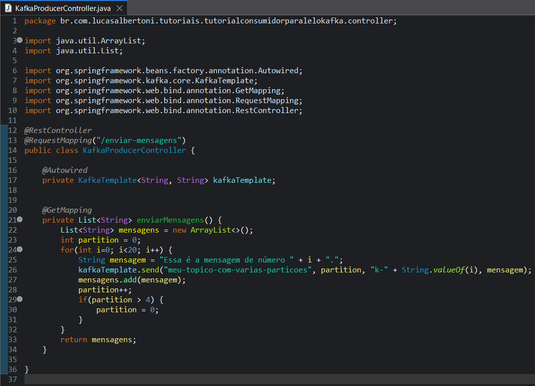 Exibindo a tela do Eclipse com a classe KafkaProducerController criada.